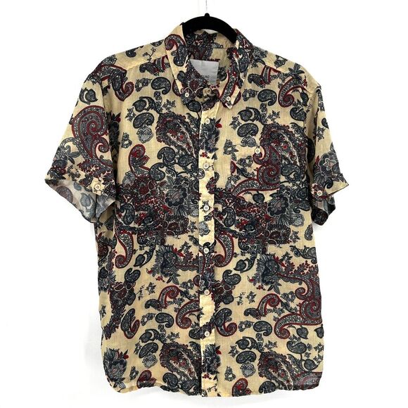 PROFOUND AESTHETIC Cream Red Paisley Print Short Sleeve Button Down Shirt Medium - Picture 2 of 8